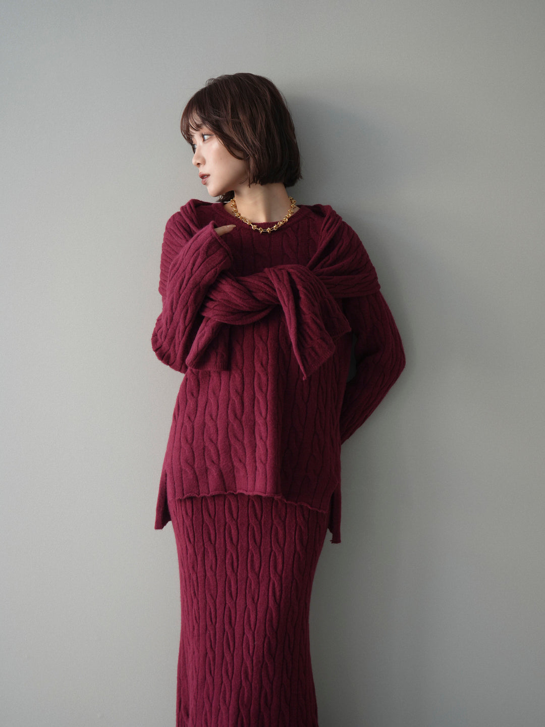 [SET]ストール付ケーブルニットプルオーバー&ロングスカートSET UP+ストール付ケーブルニットプルオーバー&ロングスカートSET UP(2set)