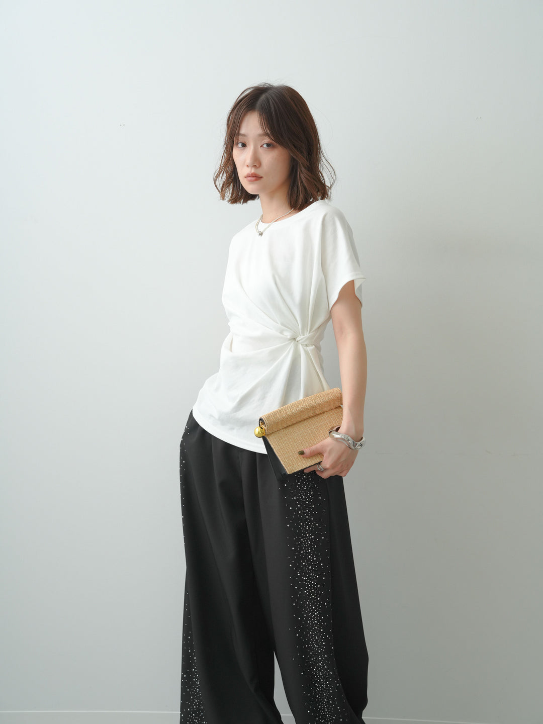 [SET]サイドノットTEE+ポーチベルト付サイドビジュータックワイドパンツ(2set)