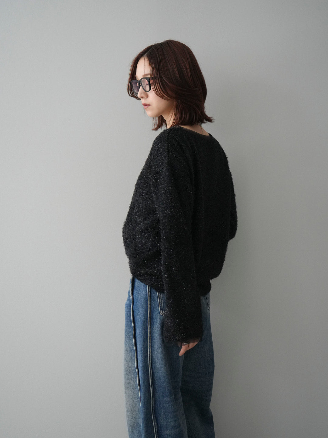 [SET]ラメシャギートップス+サイド切替カーブデニムパンツ(2set)