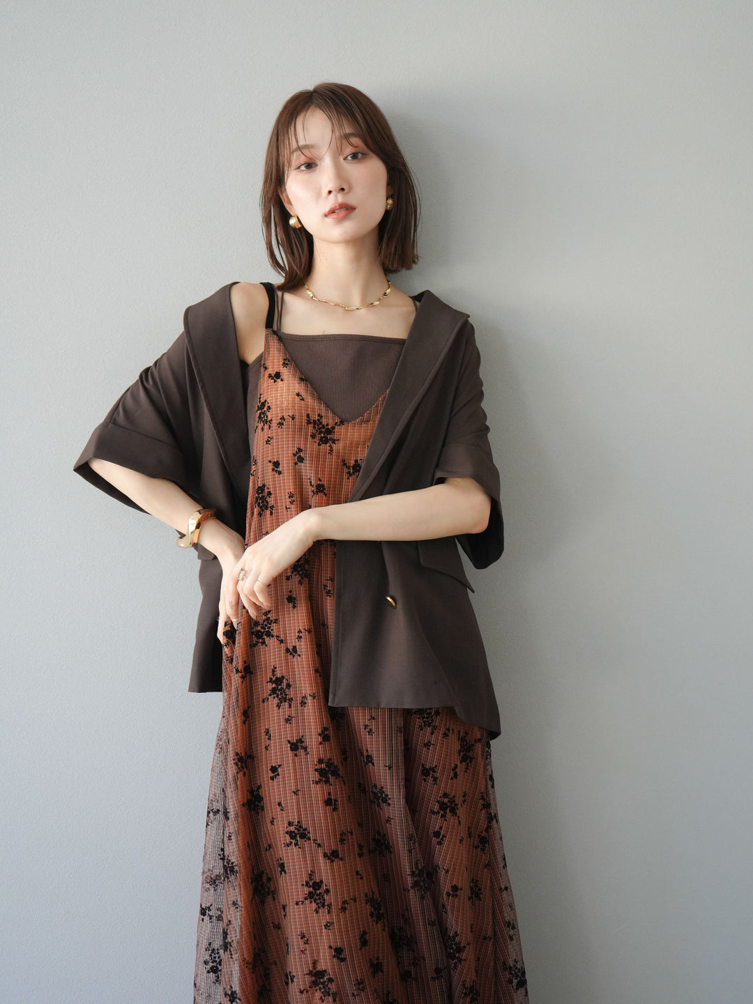 [套裝] 植絨薄紗層疊天鵝絨吊帶連身裙 + 金色紐帶半夾克 (2 套)