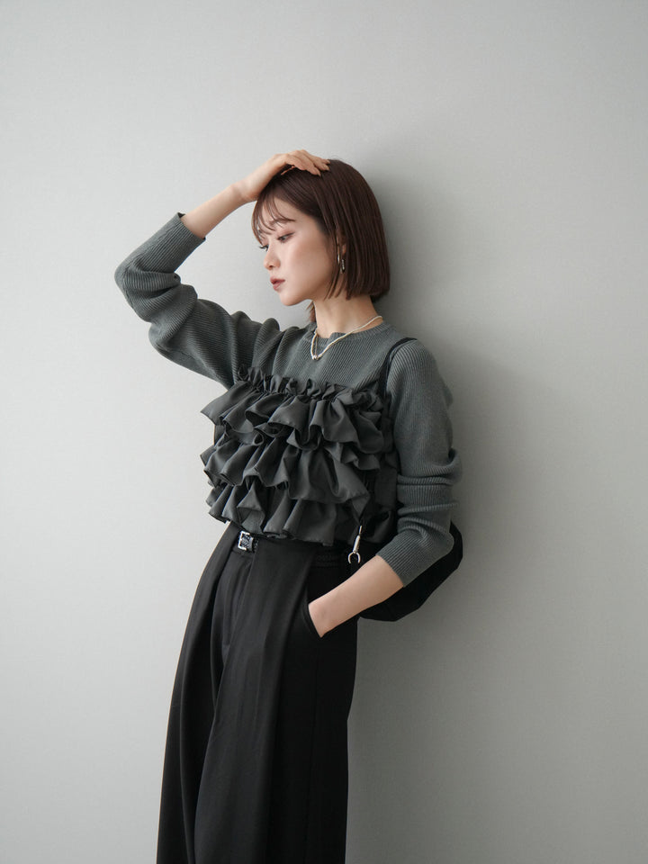 [予約]フリルビスチェドッキングスポンジニットプルオーバー/gray