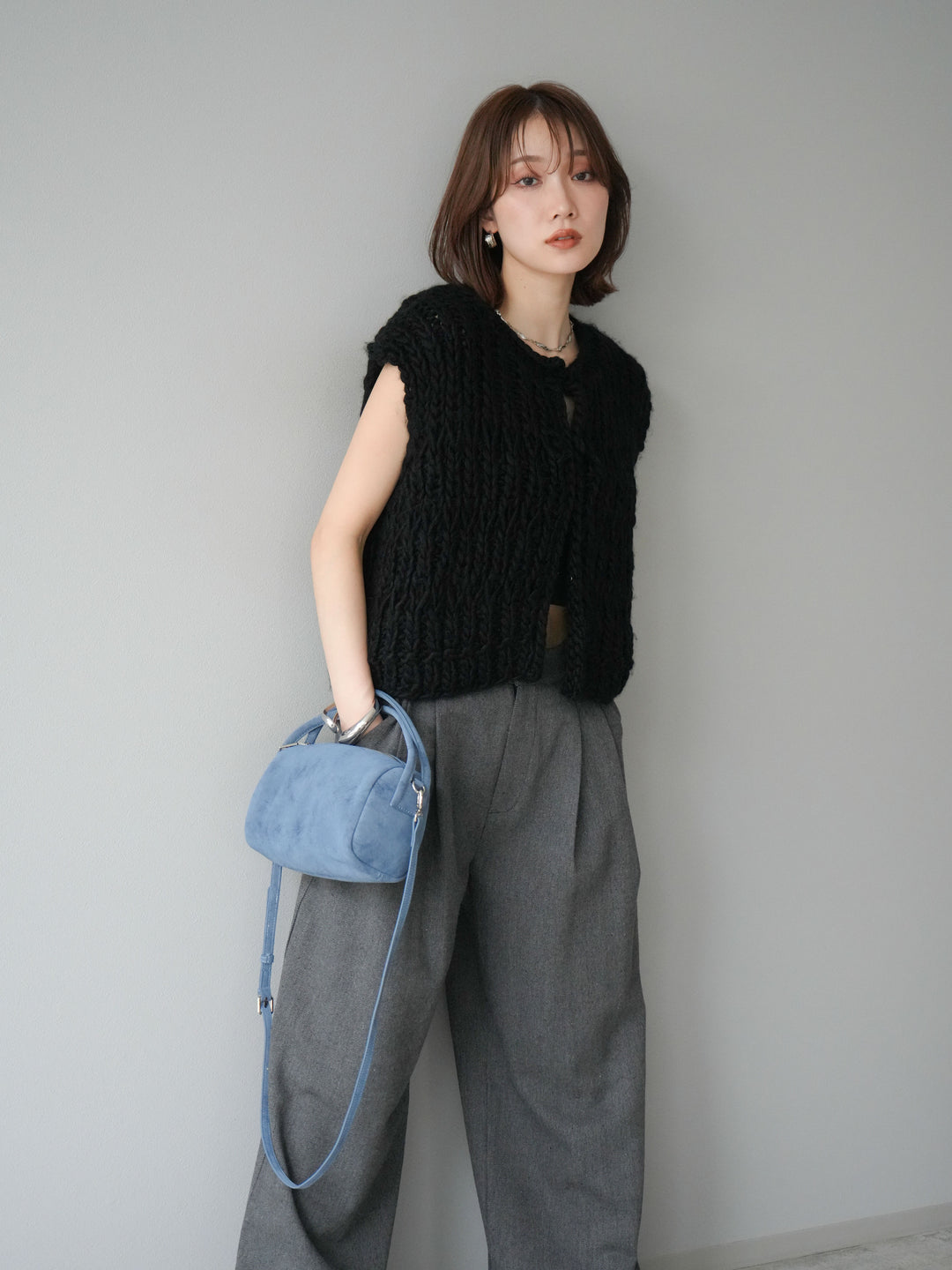 [SET] 手編繩結背心+粗花呢觸感褶皺寬褲（2件組）