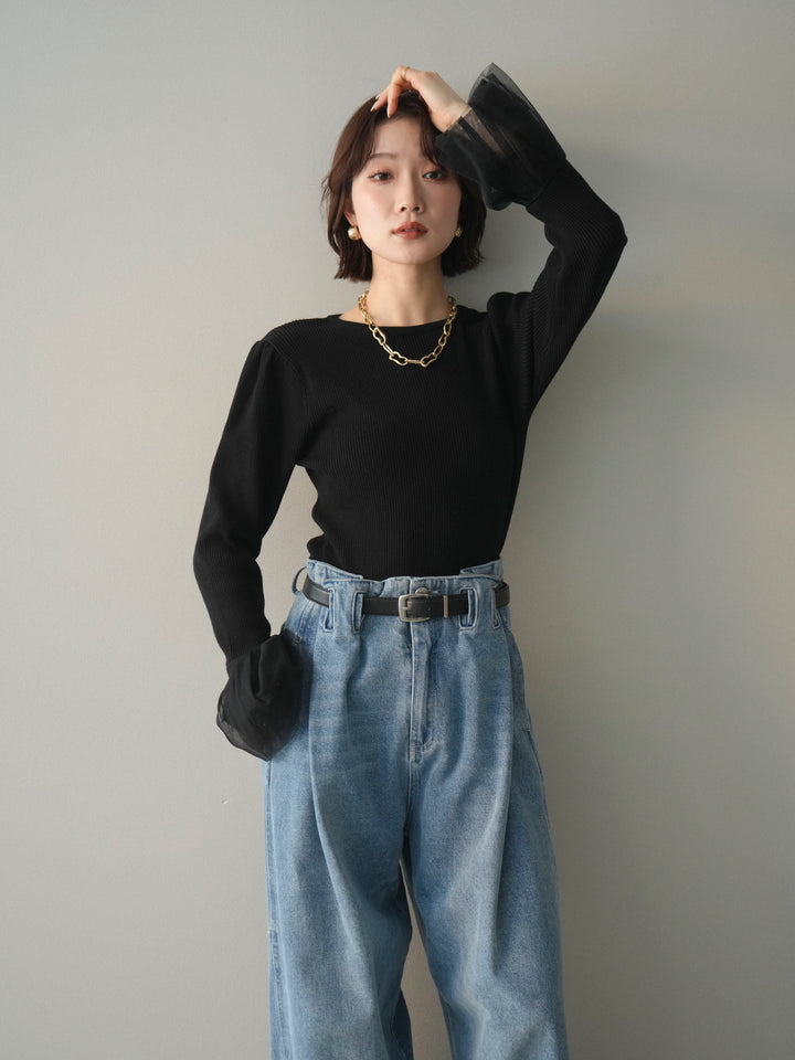 [SET]袖チュールパワショルリブニットトップス+ハイウエストベルトループデザインデニムパンツ(2set)