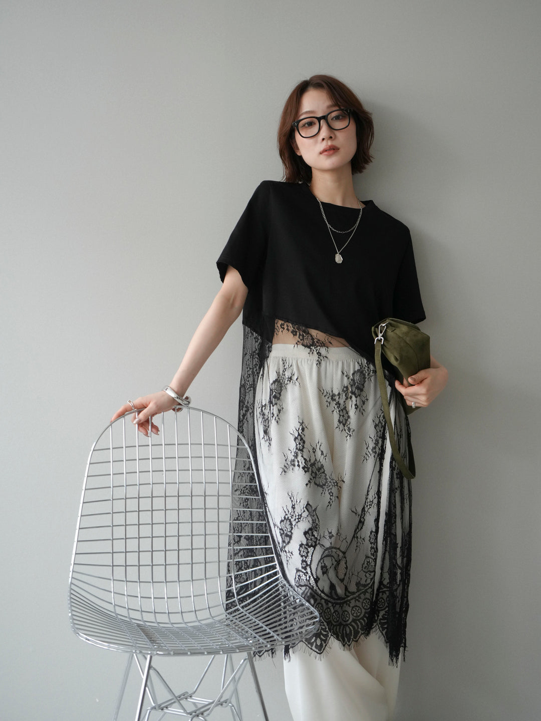 [SET]レースドッキングレイヤードワンピースTEE+とろみサテンイージーパンツ(2set)