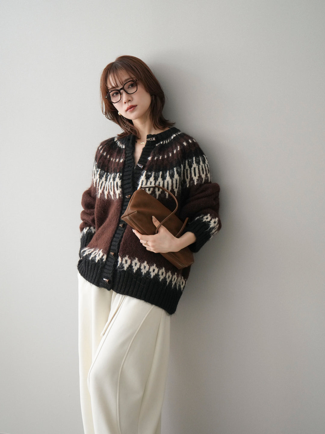 [予約]トグルボタン求心柄ニットカーディガン/brown
