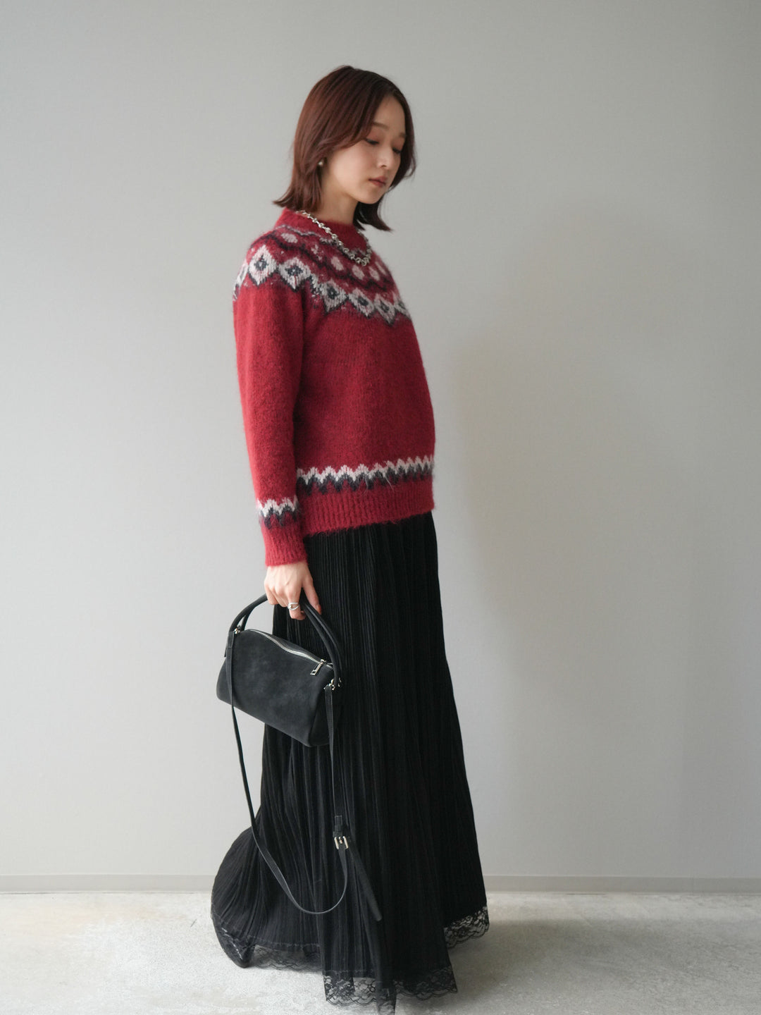 [SET]ソフトタッチ求心柄ニットプルオーバー+裾レーススウェードプリーツマキシスカート(2set)