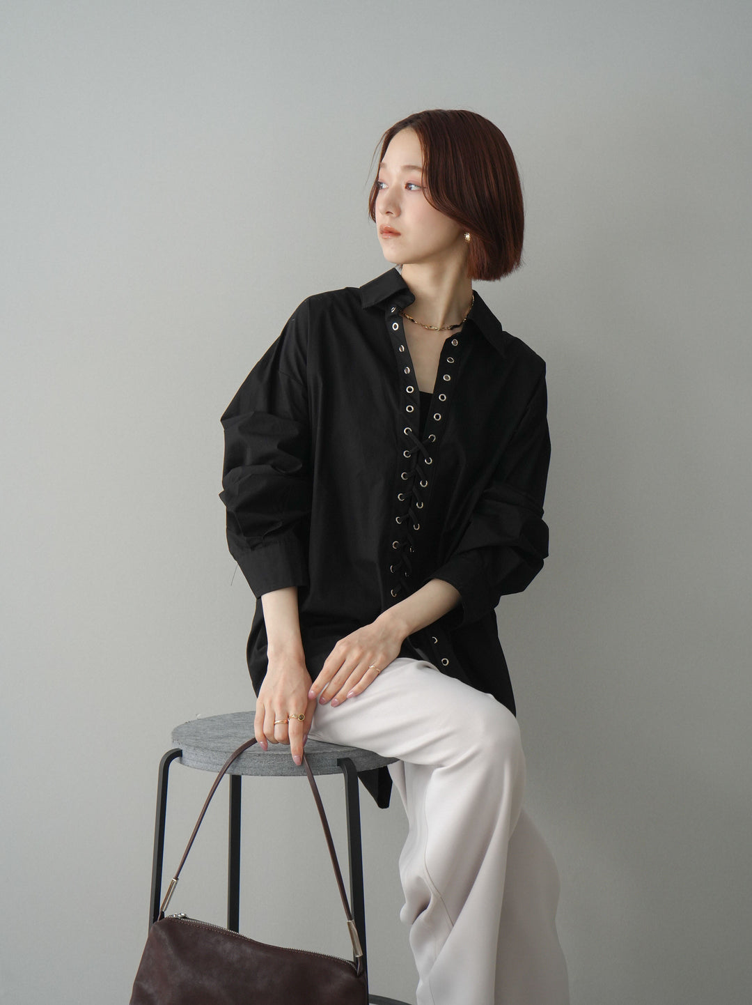 [SET]レースアップブロードシャツ+バイカラー異素材サイドラインライトポンチパンツ(2set)