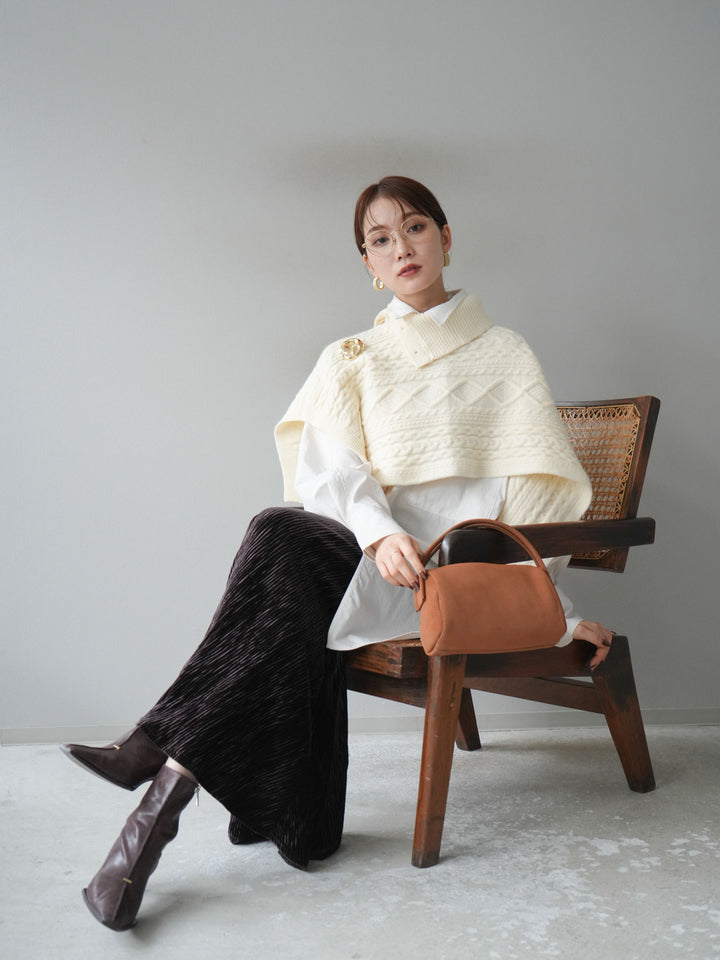 [予約]ケーブル編みニットケープ/ホワイト