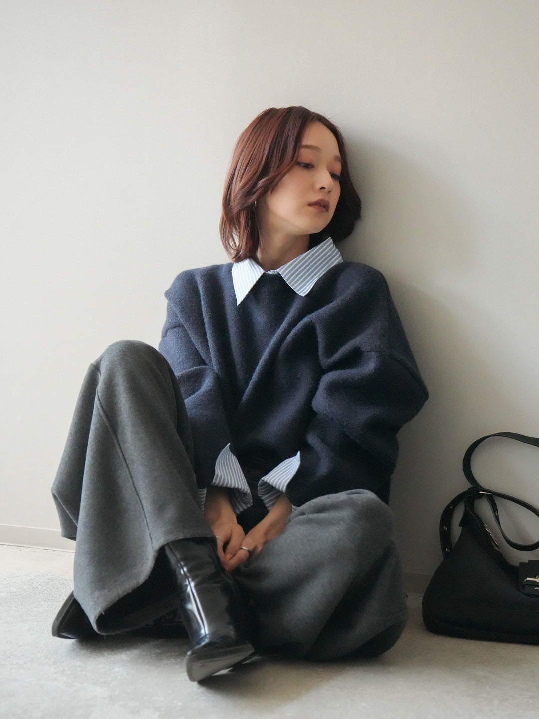 [SET]2WAYストライプ襟ニットプルオーバー+編み込みベルト付きウエスト配色スエットパンツ(2set)