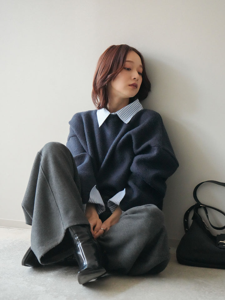 [SET]2WAYストライプ襟ニットプルオーバー+編み込みベルト付きウエスト配色スエットパンツ(2set)