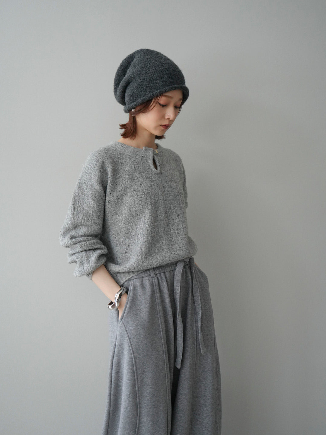 [予約]ツイストネックラメネップヤーンニットプルオーバー/gray