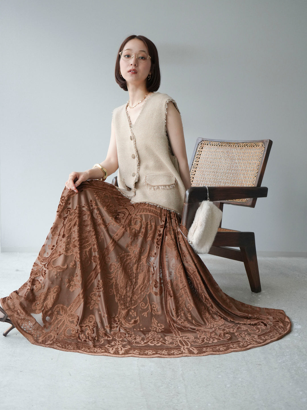 [予約]ツイードライクフリンジニットベスト/ベージュ