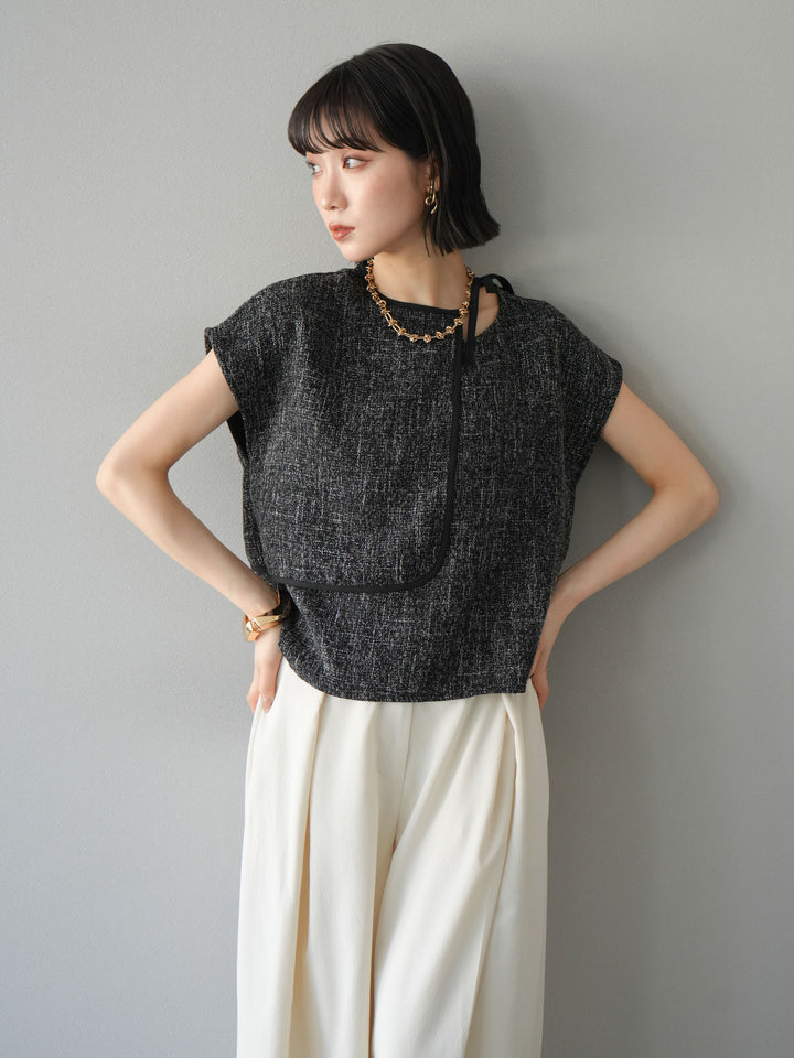 [SET]サマーツイードケープデザインプルオーバー+クレープシフォンタックワイドパンツ(2set)