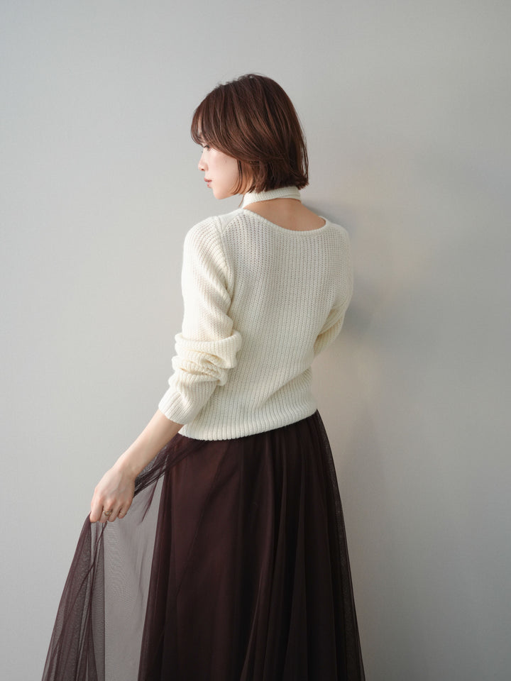 [予約]ケーブル編みクロスニットトップス/white