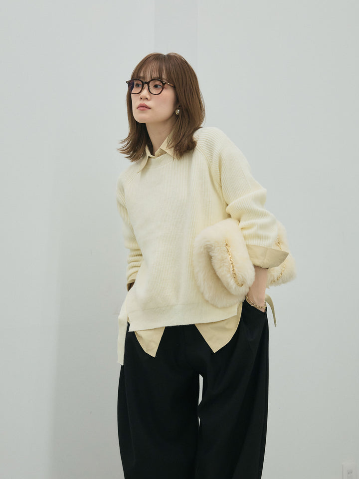 【Allure】[SET]サイドスリット畦編みニットプルオーバーシャツアンサンブル+モックスカルゼサイドタックコクーンパンツ(2set)