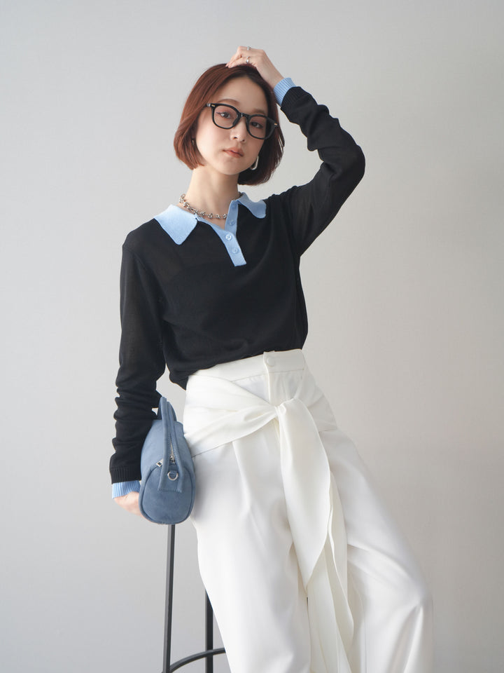 [SET]配色デザインシアーポロニット+ラッフルベルトワイドパンツ(2set)