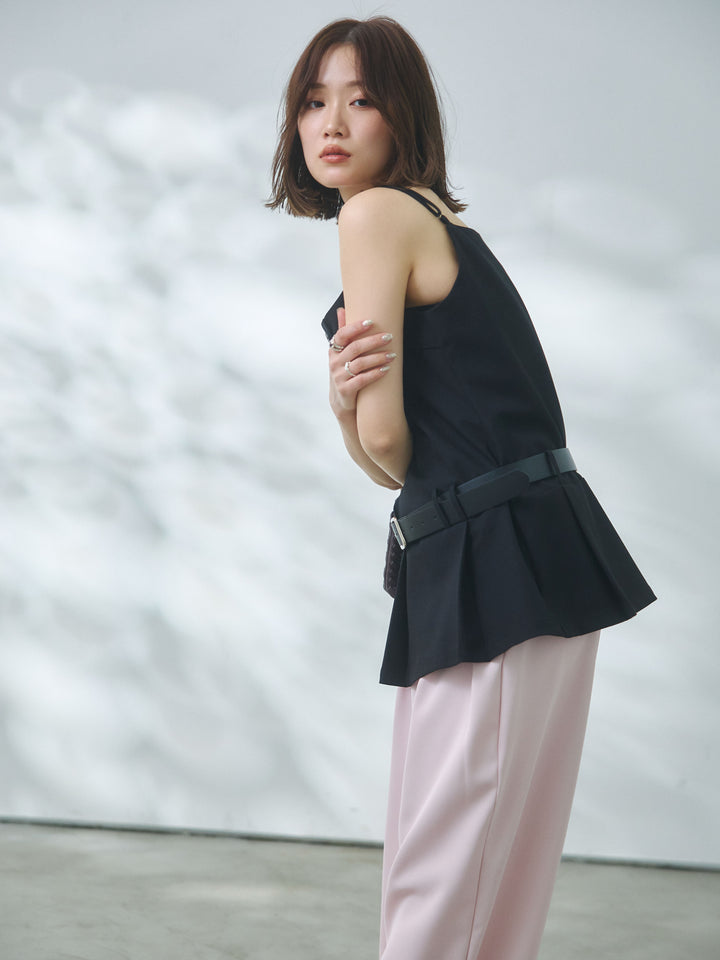 【Allure】[SET]ベルト付テーラードキャミソール+エステルツイルタックワイドパンツ(2set)