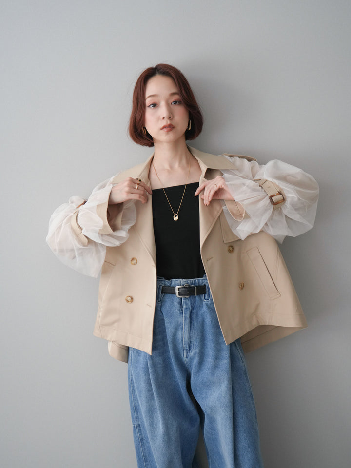 【預購】薄紗層疊蓬鬆袖短風衣/米色