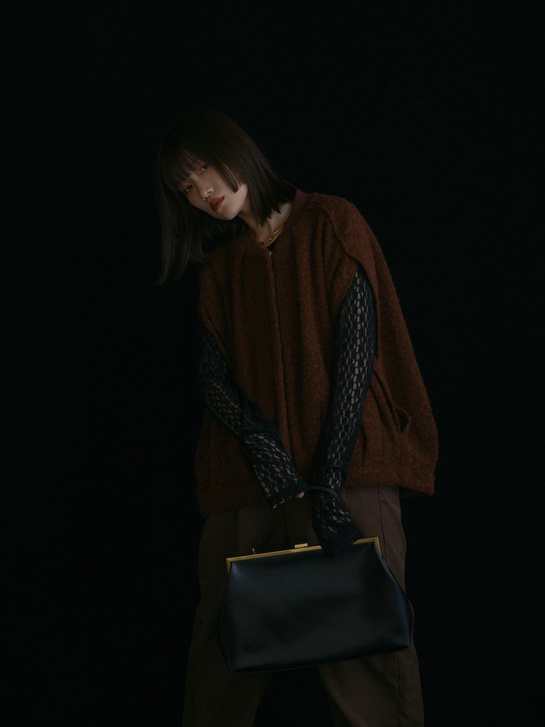 【Allure】[SET]ウール混コクーンブルゾン+タフタワイドカーブパンツ+バックラウンドレーストップス(3set)