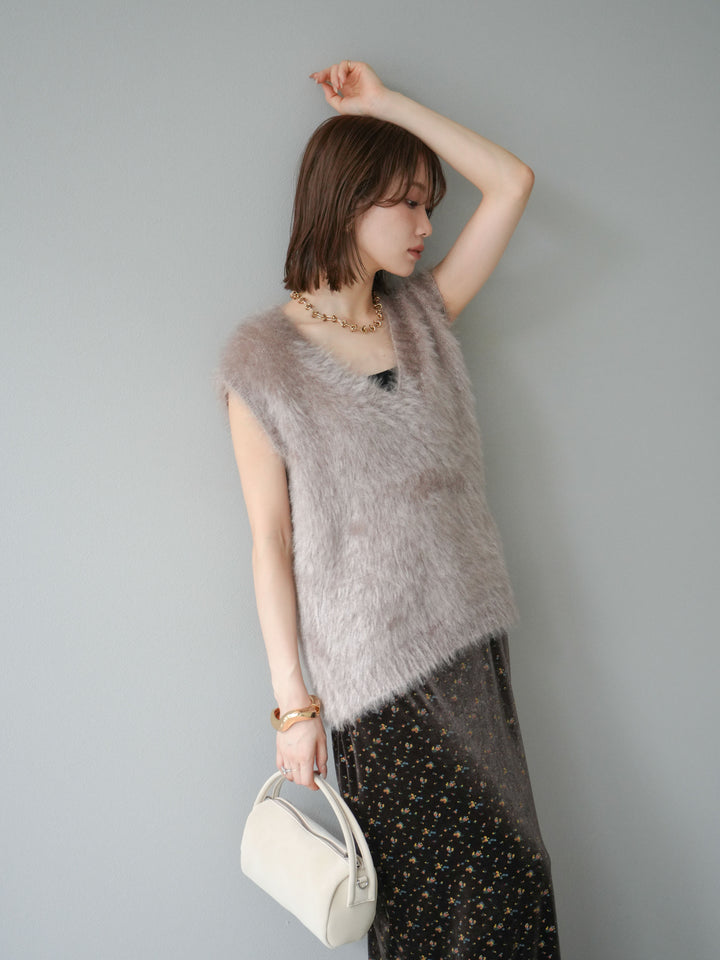 【預購】Lame Shaggy V領針織背心/灰米色