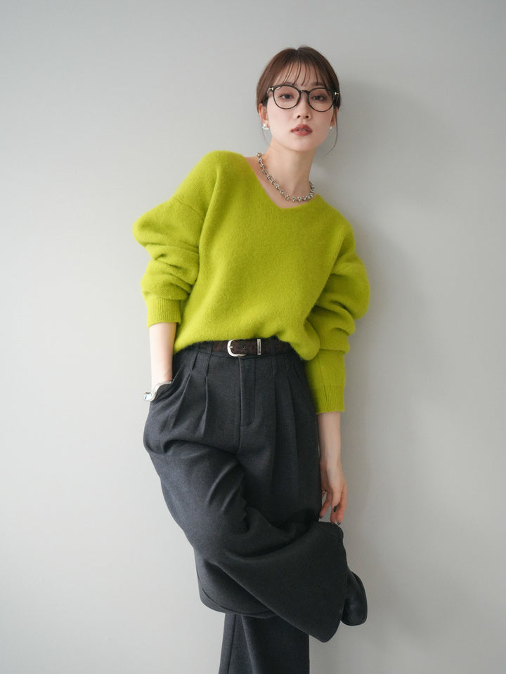 [予約]シュシュ付きアンゴラタッチVネックニットプルオーバー/green