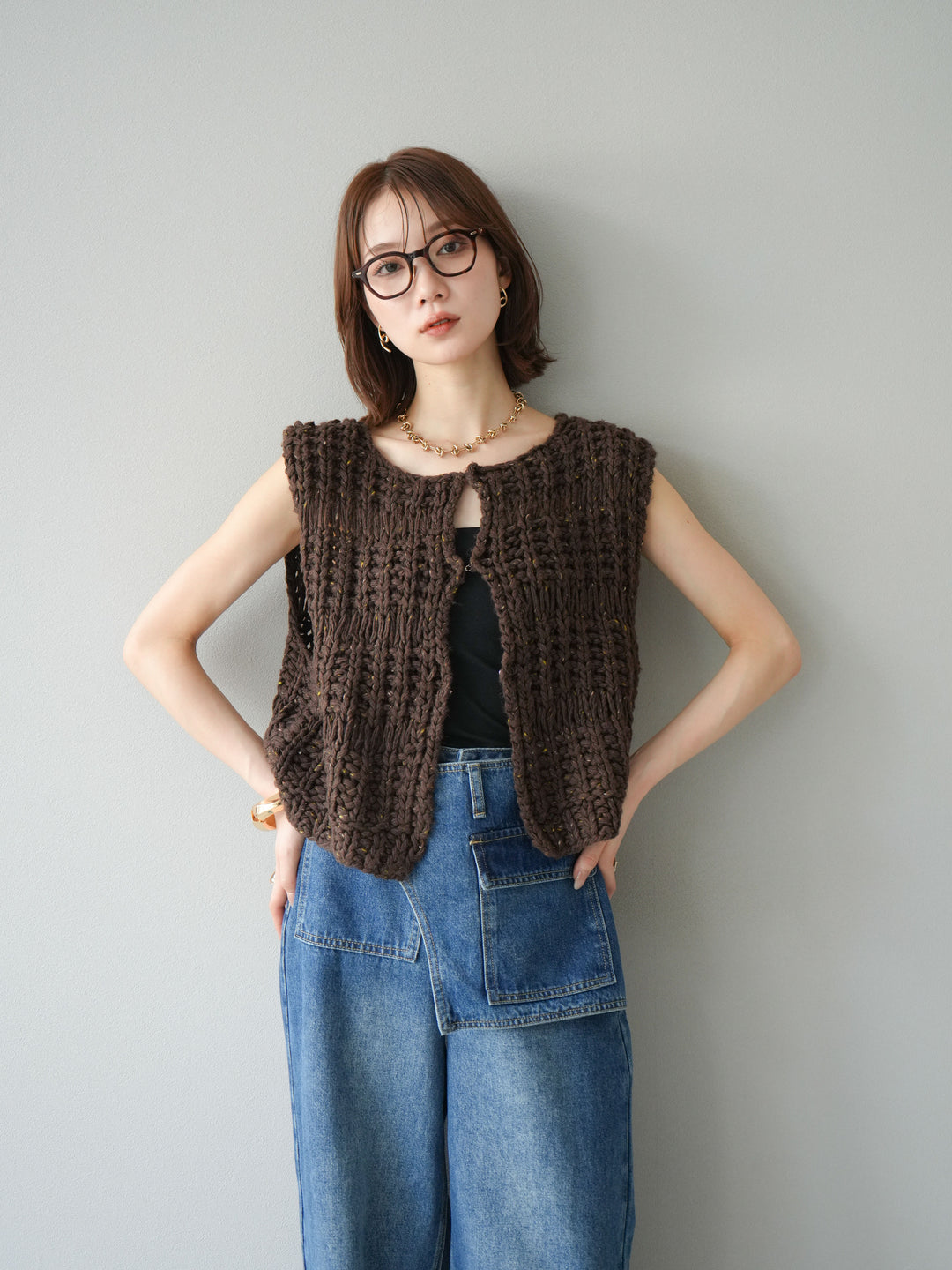 [予約]ミックスヤーンデザイン編みニットベスト/ブラウン
