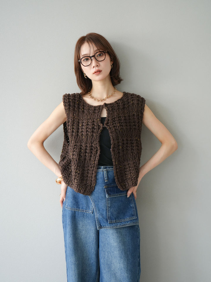 [予約]ミックスヤーンデザイン編みニットベスト/ブラウン
