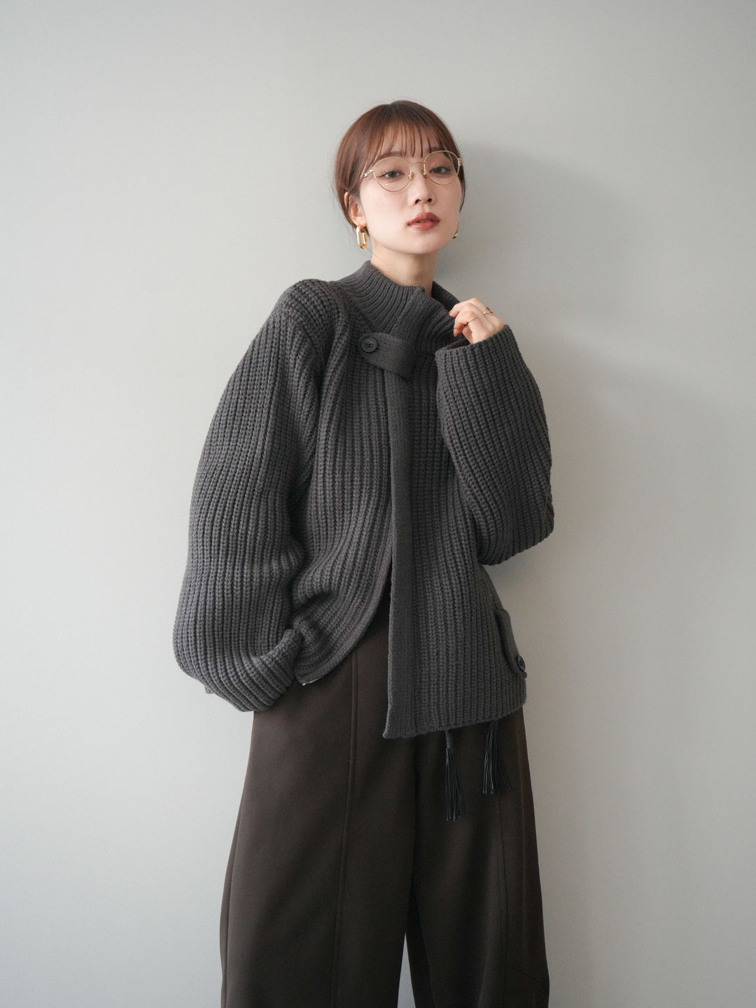 [SET]畦編みボトルネックZIPニットカーディガン+ベルト付裏起毛センターシームカーブパンツ(2set)