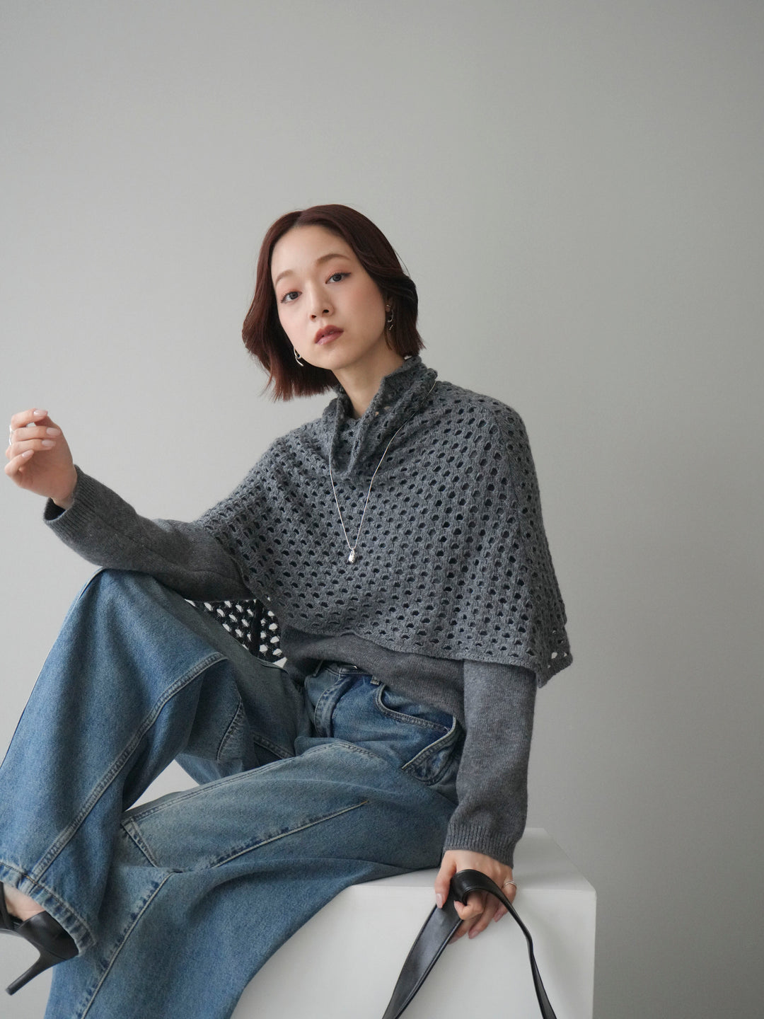 [予約]メッシュケープアンサンブルニットプルオーバー/darkgray