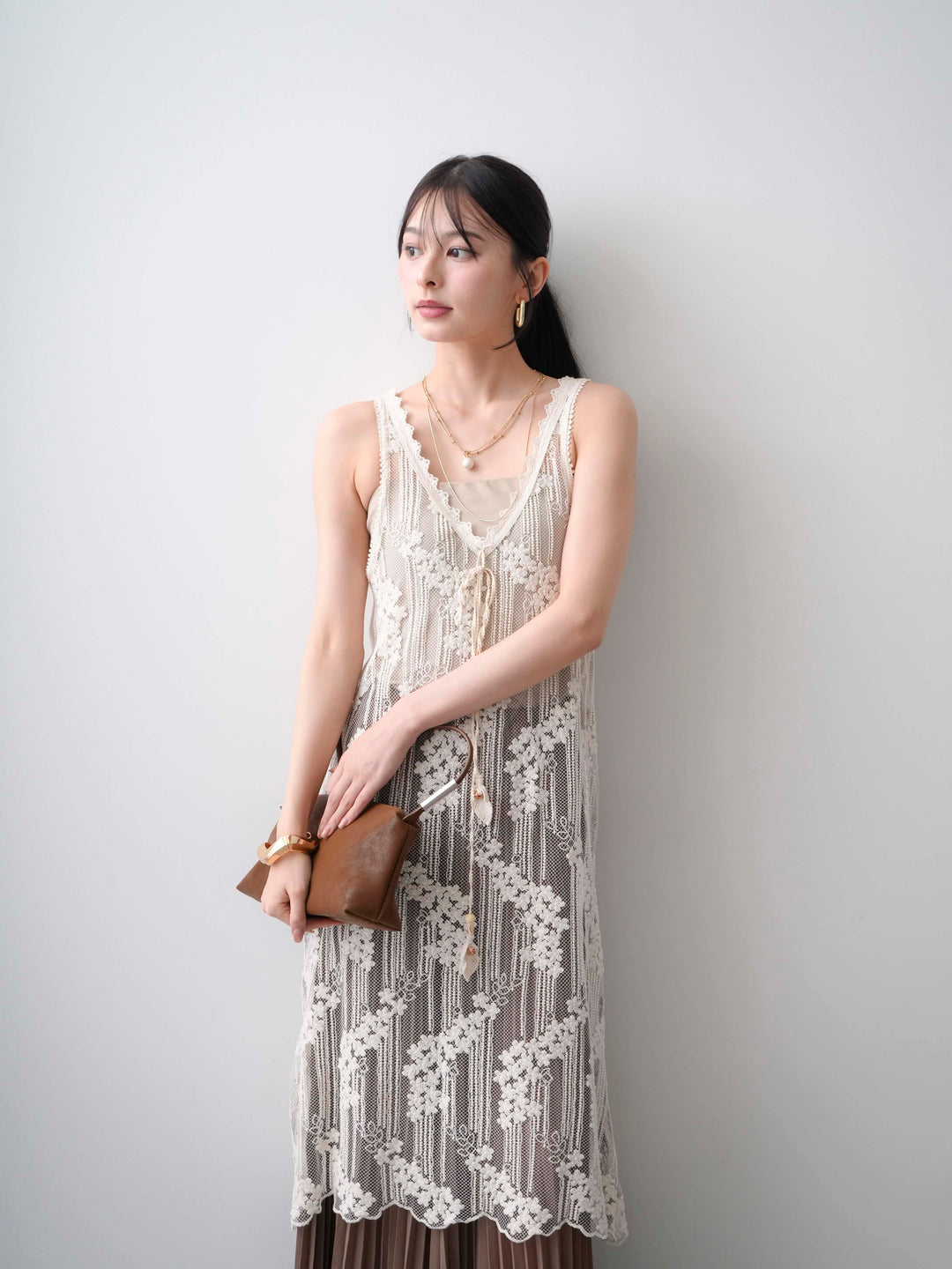 [SET]シースルーフラワー刺繍タンクワンピース+プリーツシフォンバギーパンツ(2set)