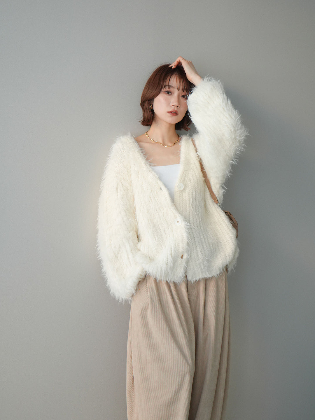 [予約]シャギーオーバーニットカーディガン/white