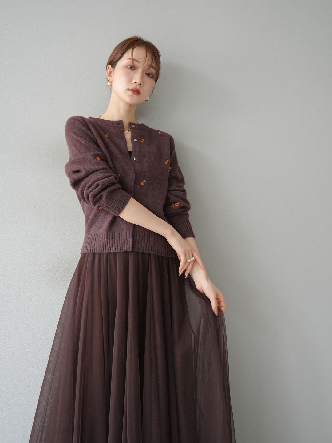 [SET]フラワー刺繍ニットカーディガン+チュールボリュームスカート(2set)