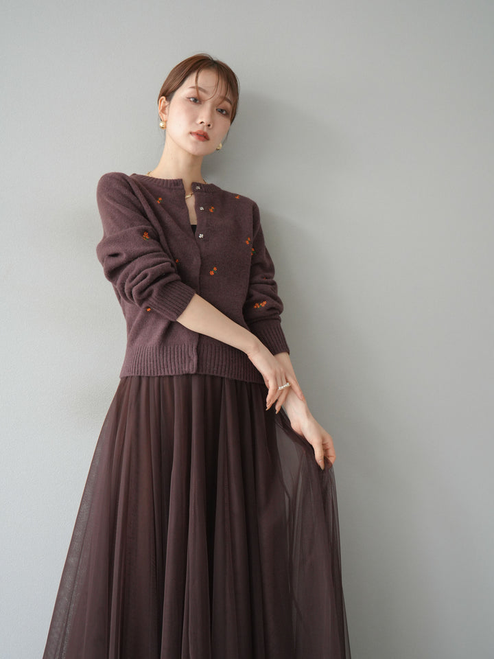 [SET]フラワー刺繍ニットカーディガン+チュールボリュームスカート(2set)