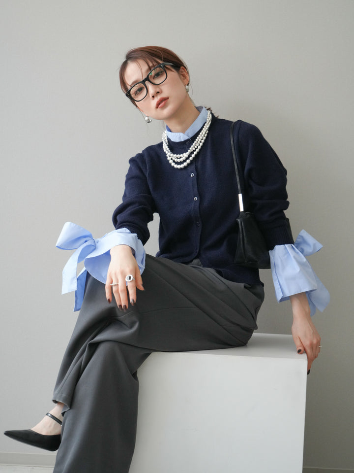 [予約]ウールライクリボンシャツカーディガン/navy