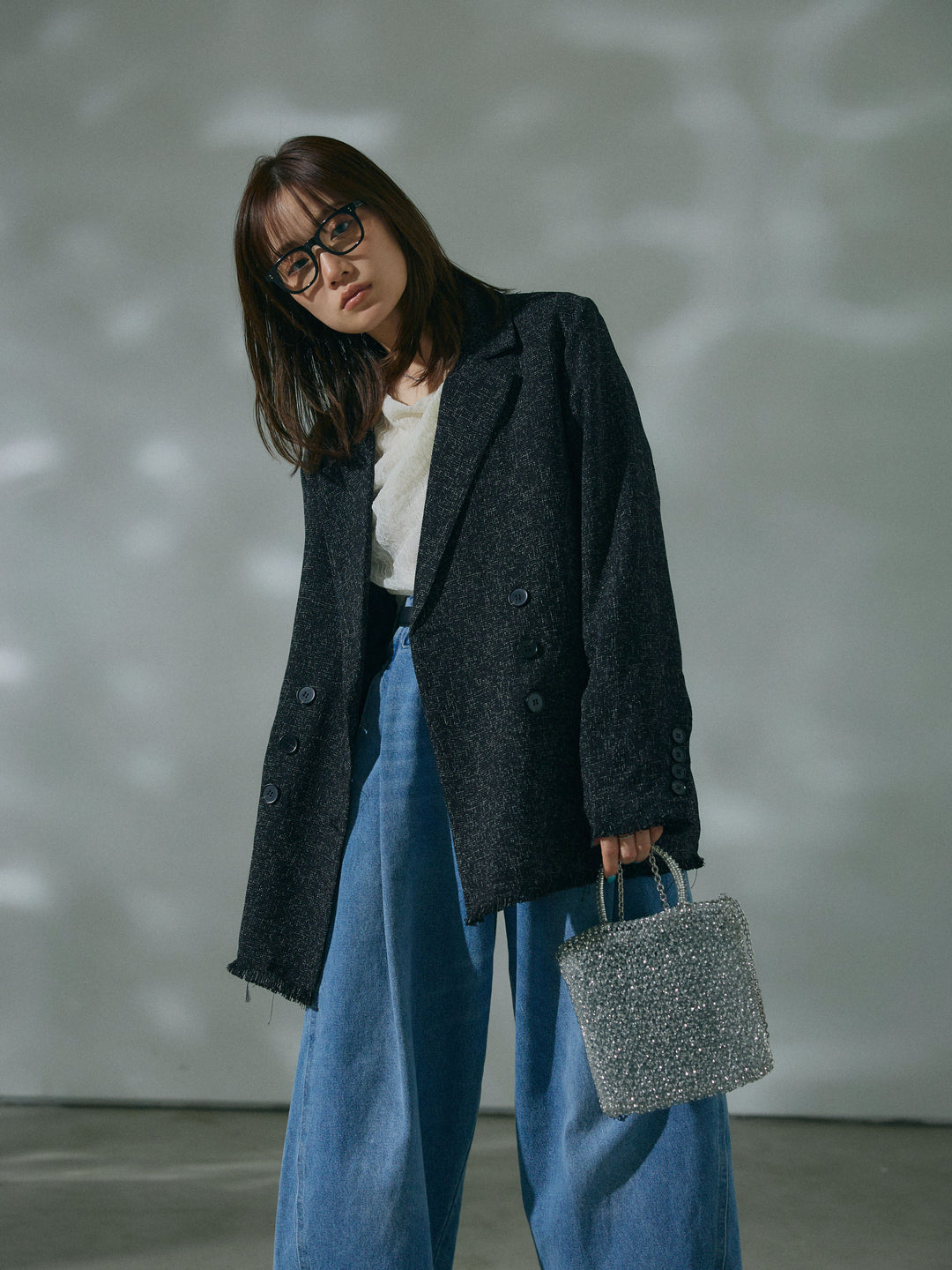 【Allure】[SET]スラブツイードフリンジテーラージャケット+ストレッチレースドレープトップス+ハイウエストベルトループデザインデニムパンツ(3set)