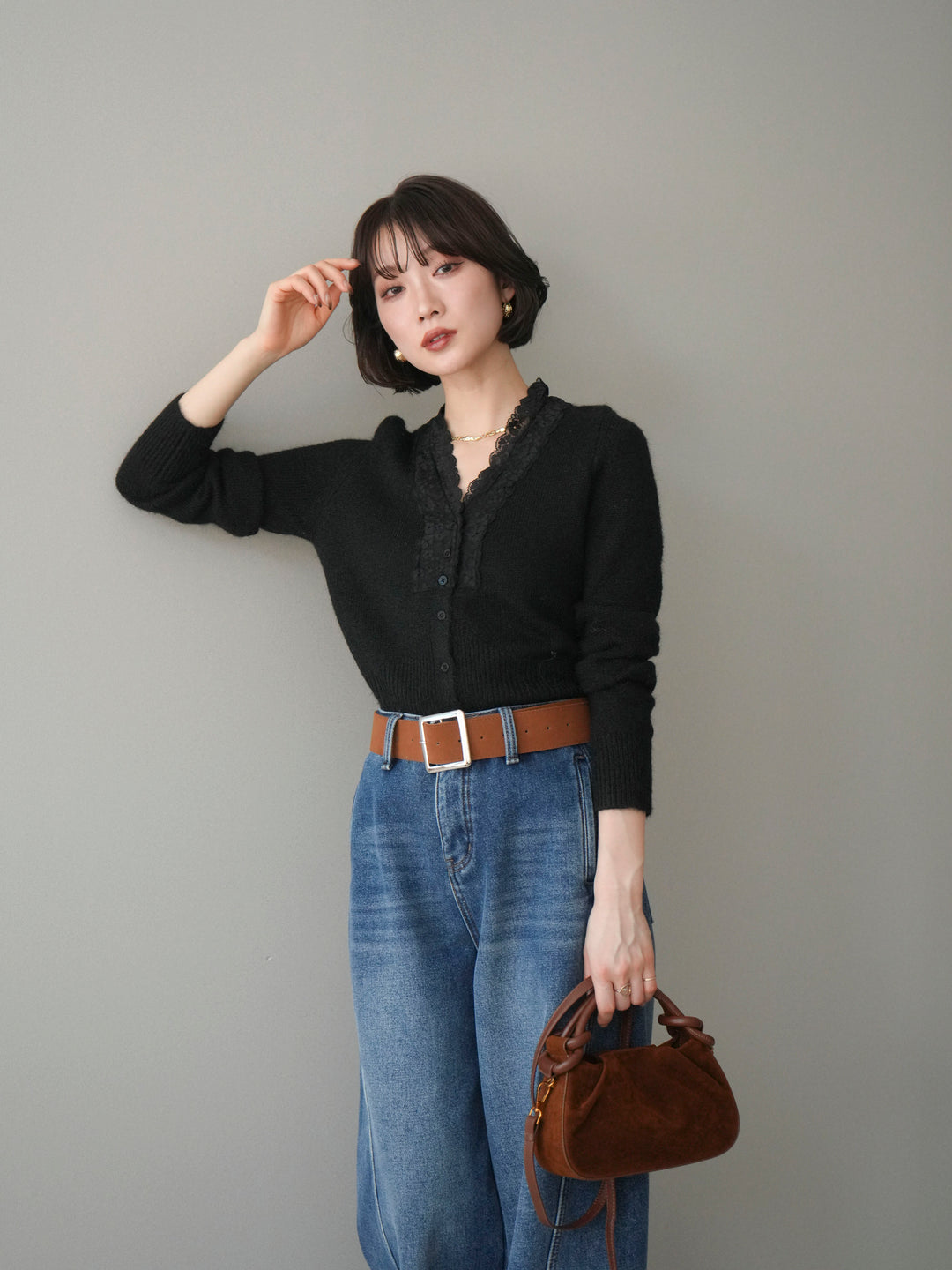 [SET]レースネックコンパクトニットカーディガン+選べるアクセセット(2set)