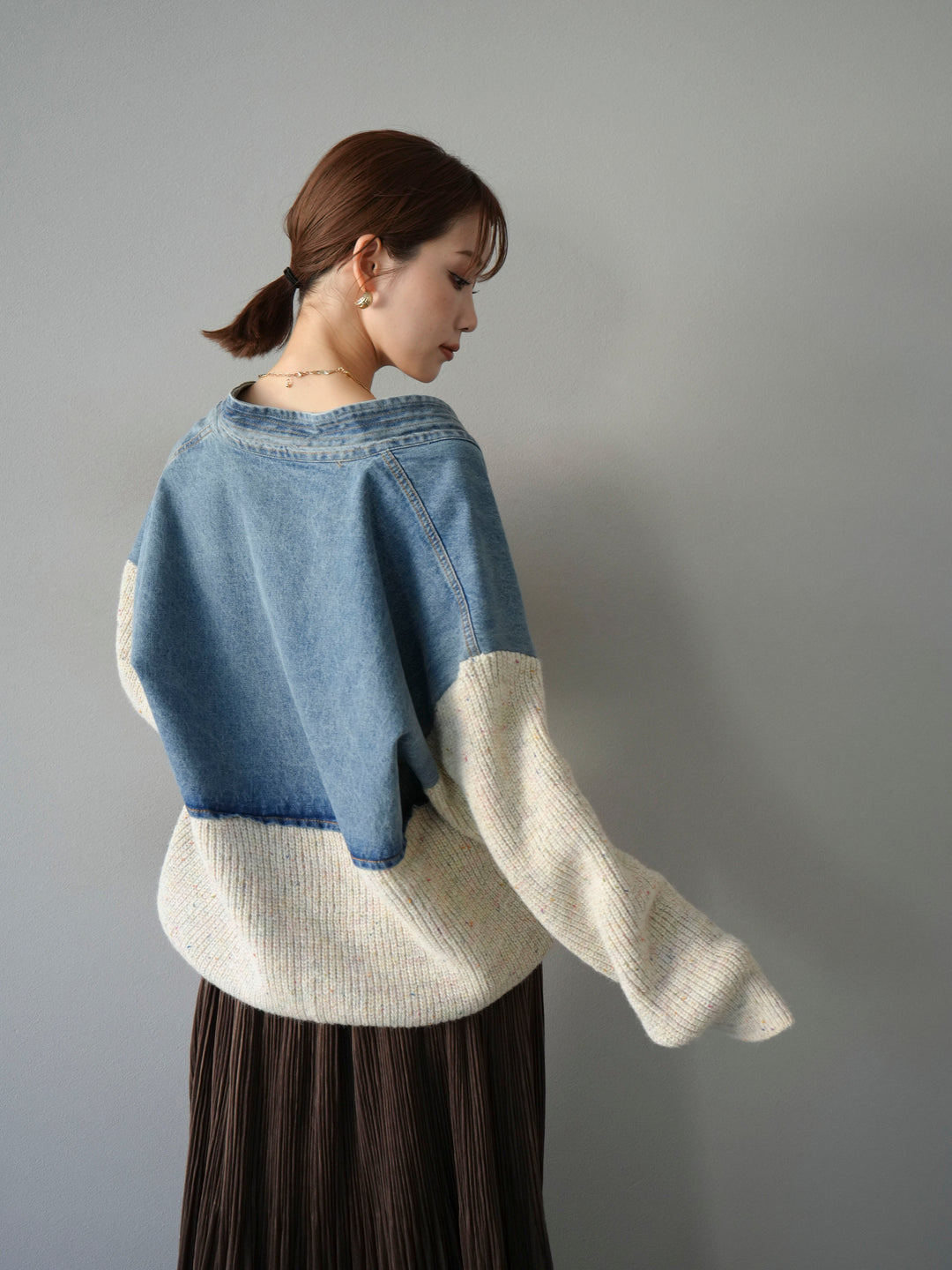 [予約]デニム切替ネップニットカーディガン/アイボリー