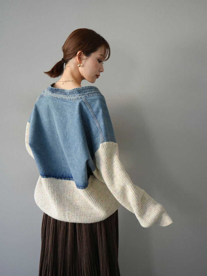 [予約]デニム切替ネップニットカーディガン/アイボリー