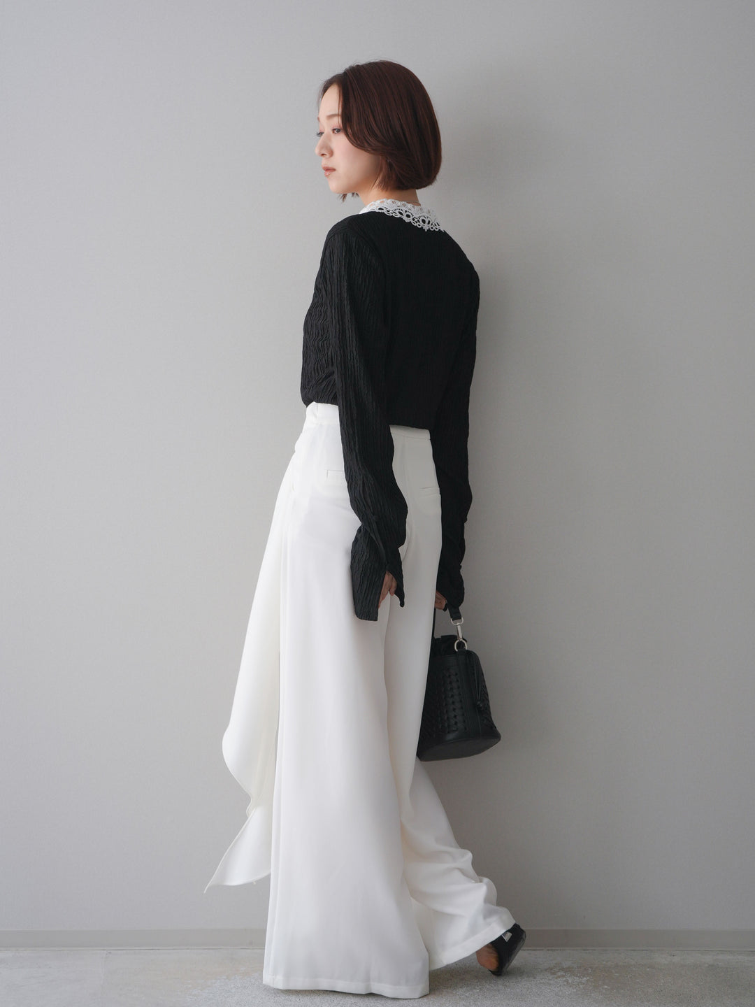 [SET]袖スリットレースカラートップス+ラッフルベルトワイドパンツ(2set)