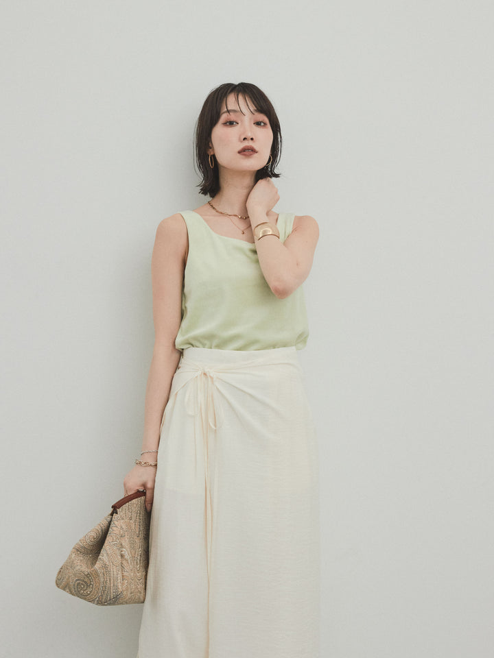 [SET]スクエアベロアタンクトップ+ワッシャーサテンレイヤードスカートパンツ(2set)