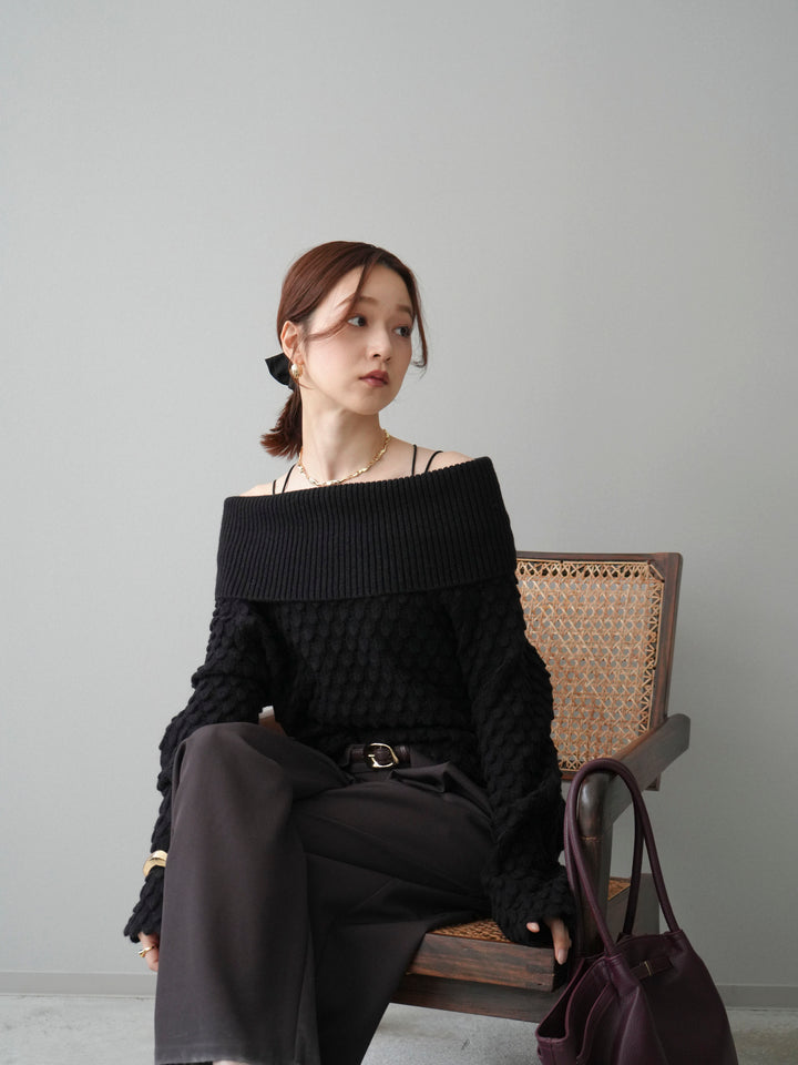 [SET]ポコポコ編みオフショルニットプルオーバー+ベルトループデザインワイドパンツ(2set)