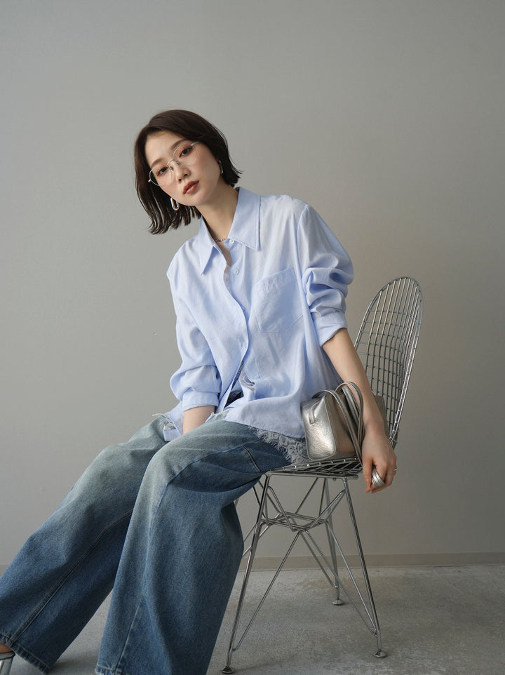 [予約]レイヤードデザイン裾レースブラウス/blue