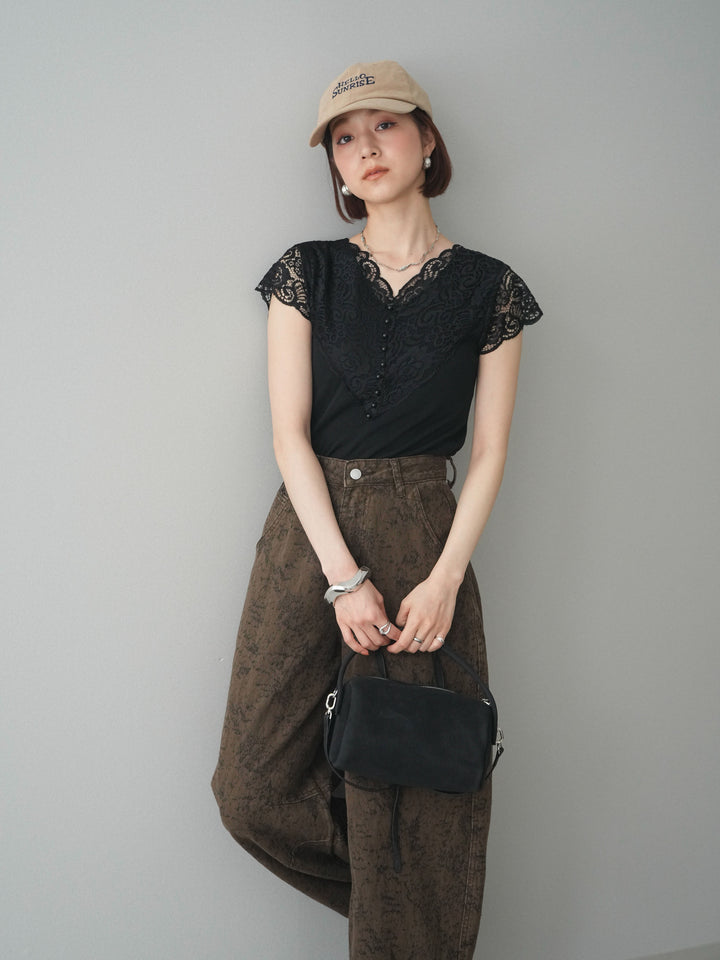 [予約]パールボタンレース切替ニットトップス/black