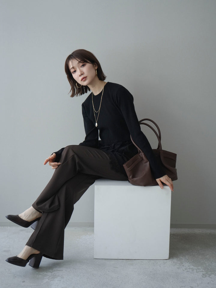 [予約]クルーネックレースドッキングリブニットトップス/black