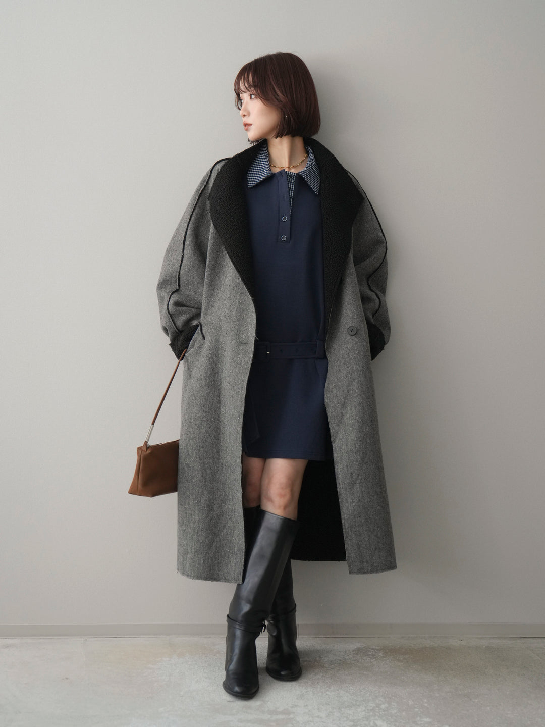 [SET]チェック襟xスエットミニワンピース+アウトシーム裏ボアコート(2set)