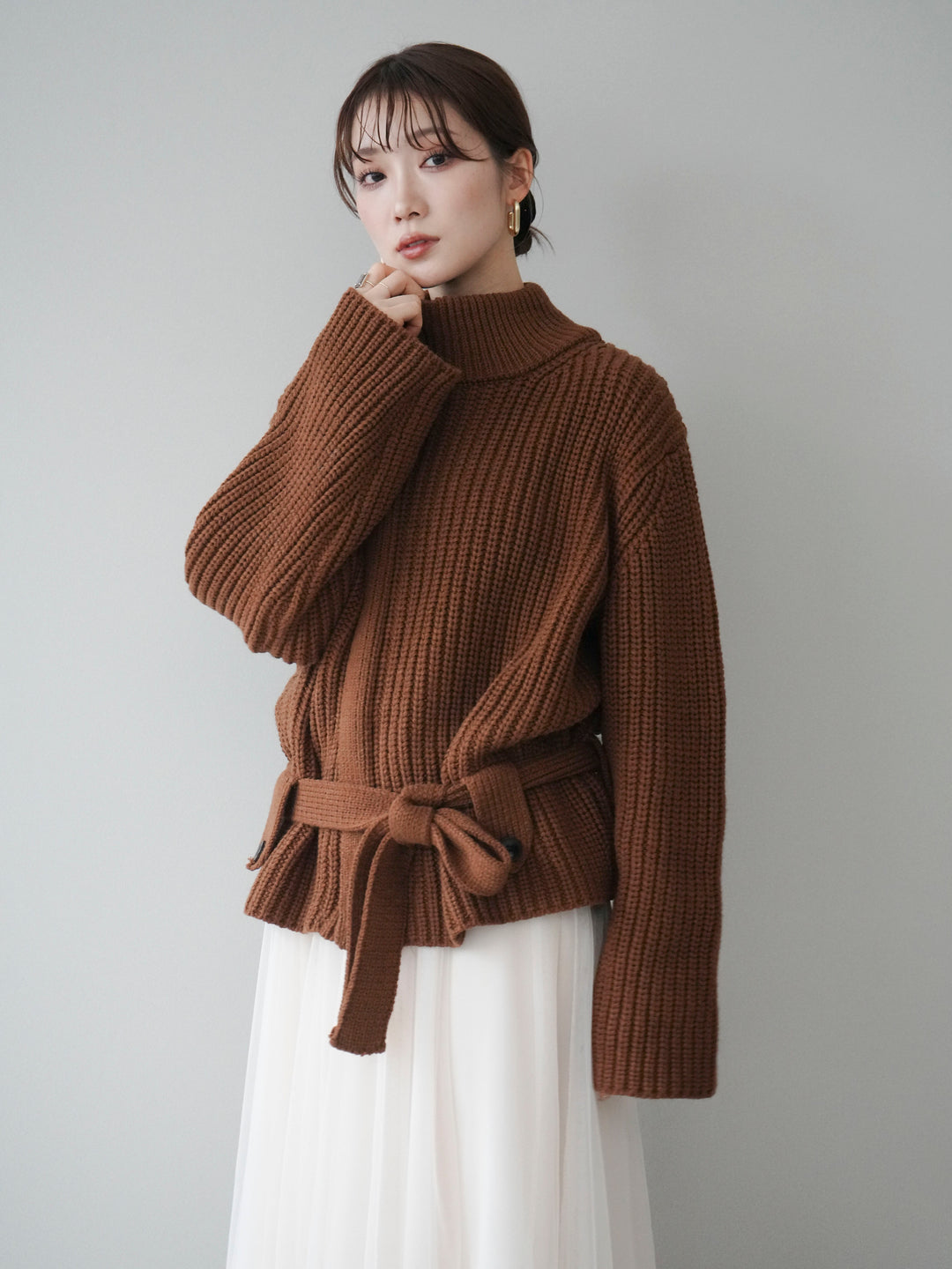 [予約]畦編みボトルネックZIPニットカーディガン/brown