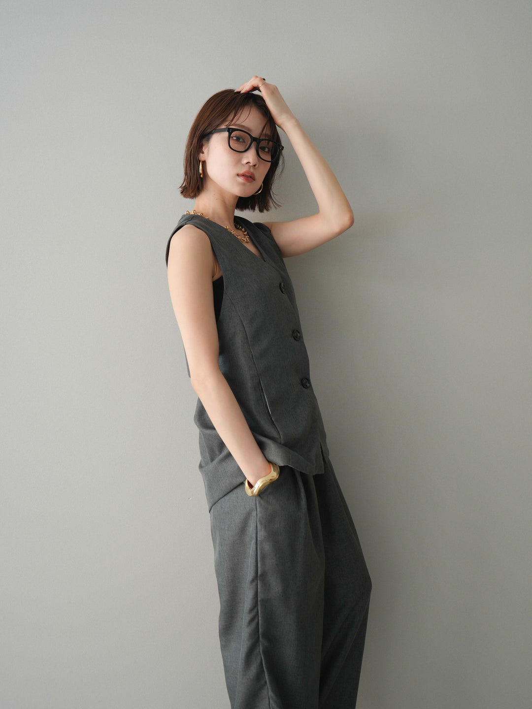 [SET]リネンライクバックオープンジレ+リネンライクタックワイドパンツ(2set)