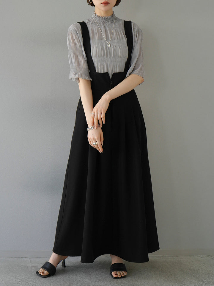 [SET] Shirring chiffon half sleeve blouse + 2WAY flare jumper skirt (2set)