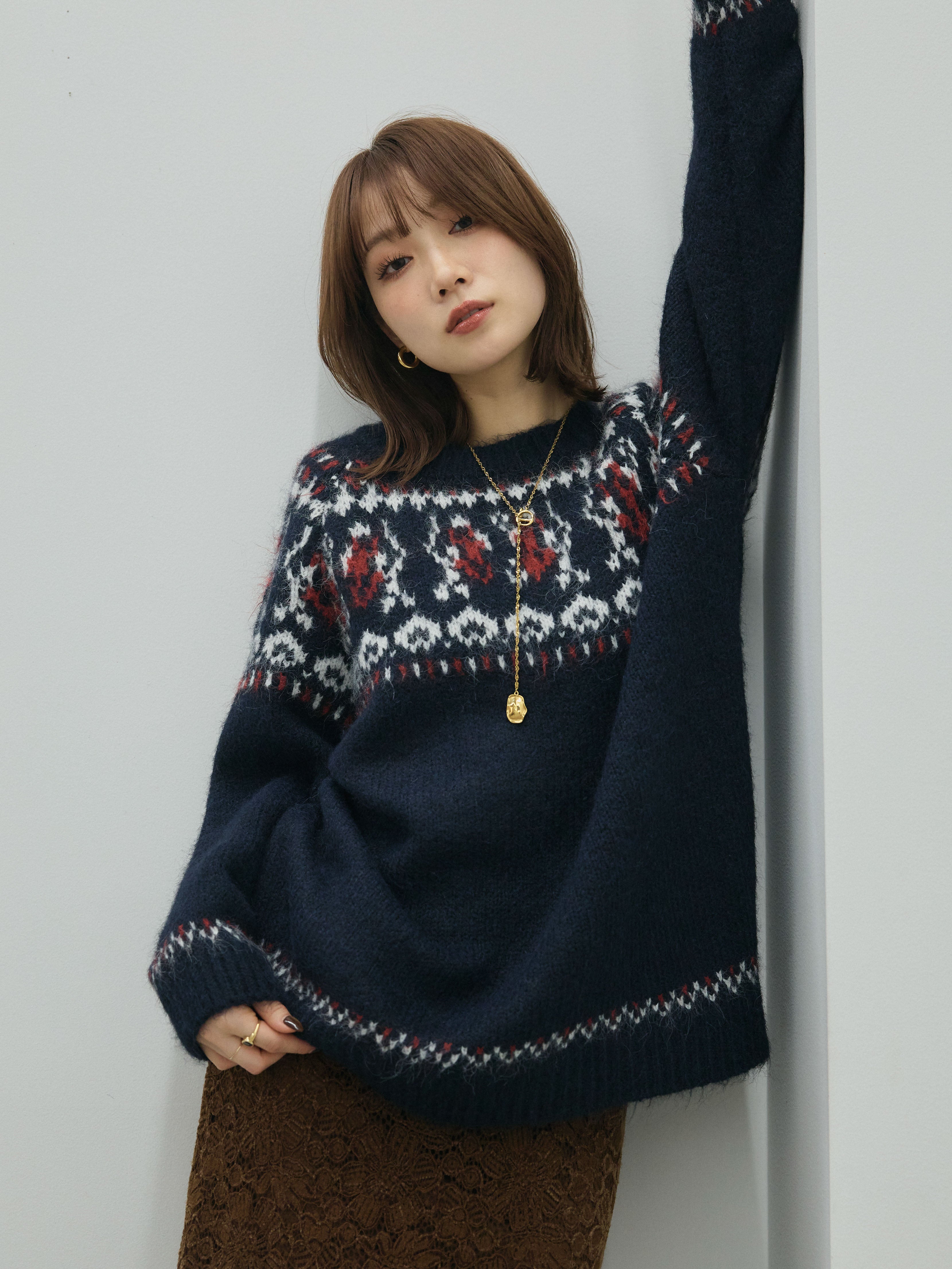 予約]ノルディック柄モックネックオーバニットプルオーバー/navy – Lumier