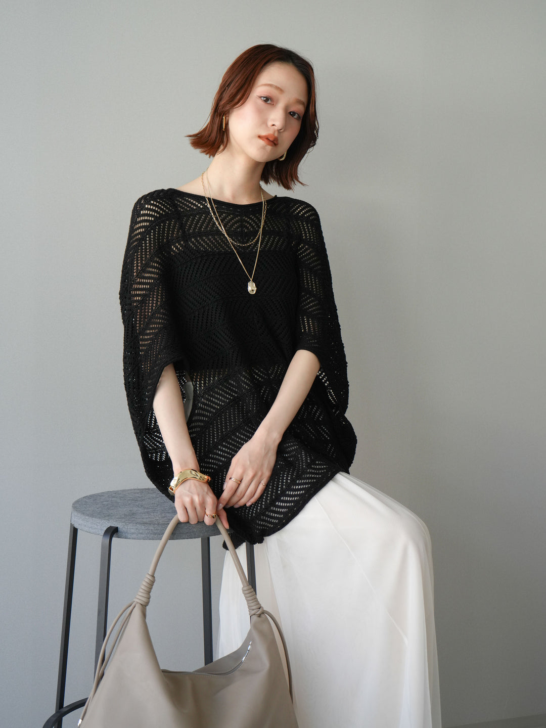 [予約]シアーポンチョニットトップス/black
